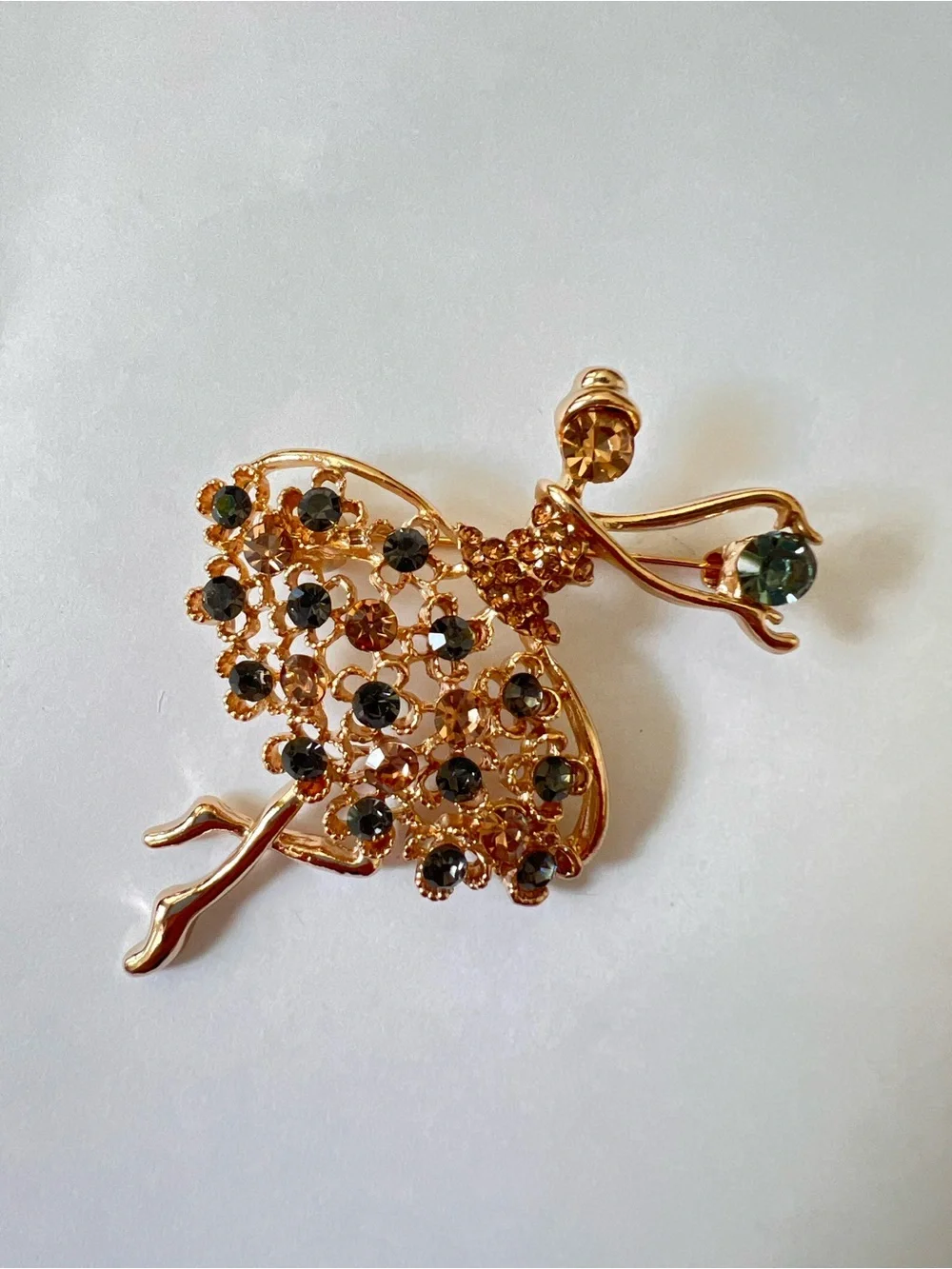 Gold-Tone Ballerina Brooch with Smoky Crystal Accents